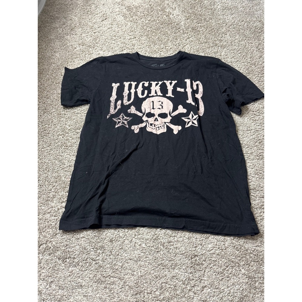Lucky 13 Skull Graphic T-Shirt Dirty Devil Black Cotton Mens Large Made in USA